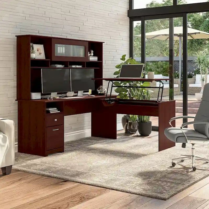 Bureau assis-debout en forme de L à 3 positions de 72 W avec huche, par Bush Furniture
