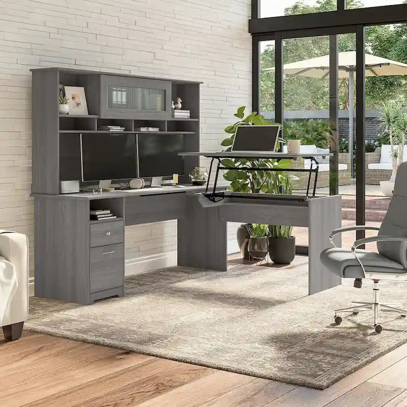 Bureau assis-debout en forme de L à 3 positions de 72 W avec huche, par Bush Furniture