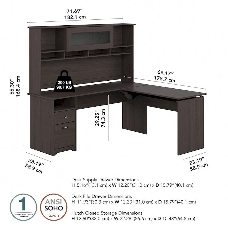 Bureau assis-debout en forme de L à 3 positions de 72 W avec huche, par Bush Furniture