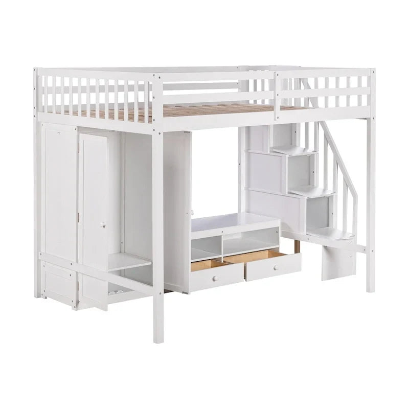 Lit mezzanine pleine grandeur avec armoire, table de rangement basse et escalier de rangement