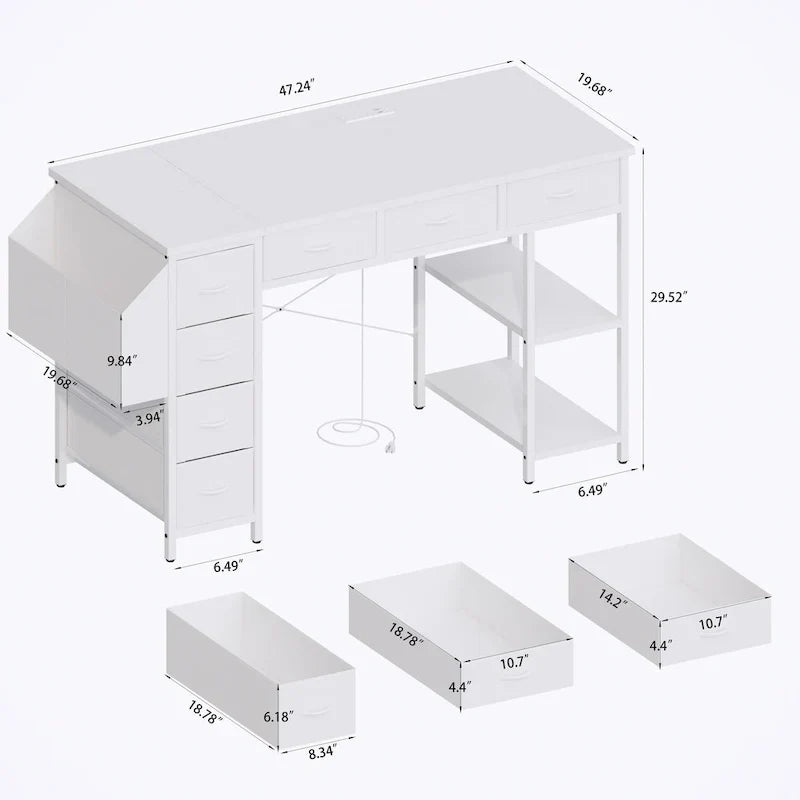Bureau d'ordinateur moderne avec 7 tiroirs et station d'alimentation intégrée pour les jeux, les études ou l'aménagement d'un bureau à domicile.