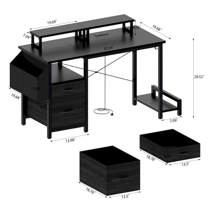Bureau d'ordinateur moderne avec multiprise, supports pour deux moniteurs et 2 tiroirs pour le bureau à domicile ou l'organisation d'études