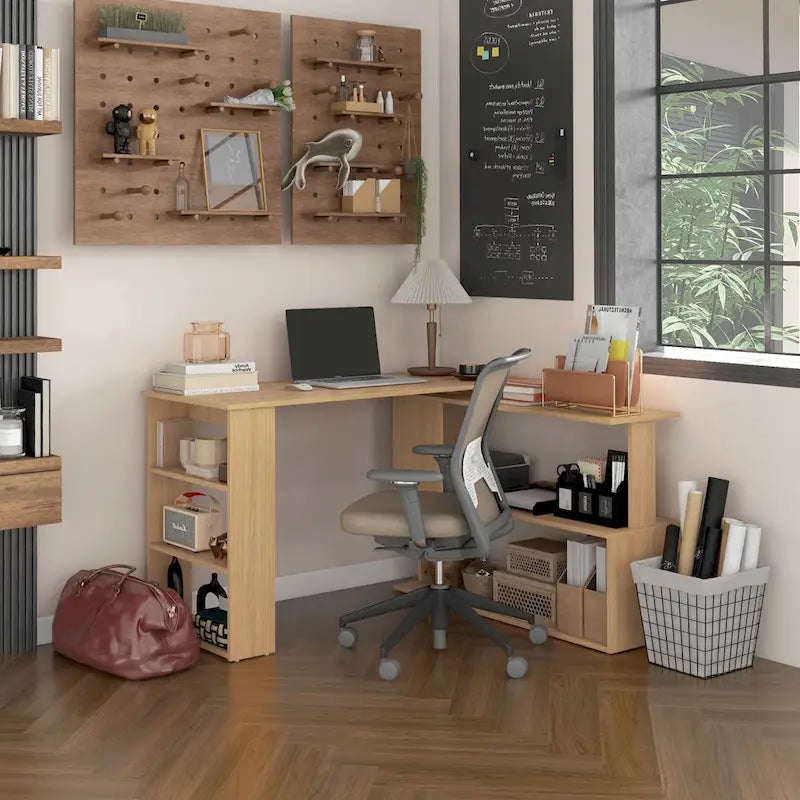 Bureau d'angle d'ordinateur moderne en L avec support réglable et grand espace de rangement pour bureau à domicile ou petits espaces