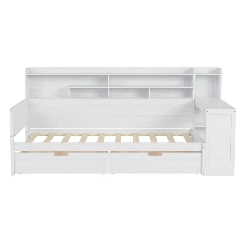 Lit banquette multifonctionnel grand format avec étagères de rangement, deux tiroirs et bureau intégré
