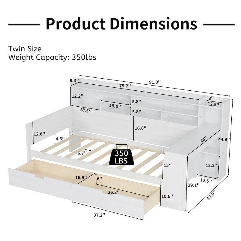 Lit banquette multifonctionnel grand format avec étagères de rangement, deux tiroirs et bureau intégré