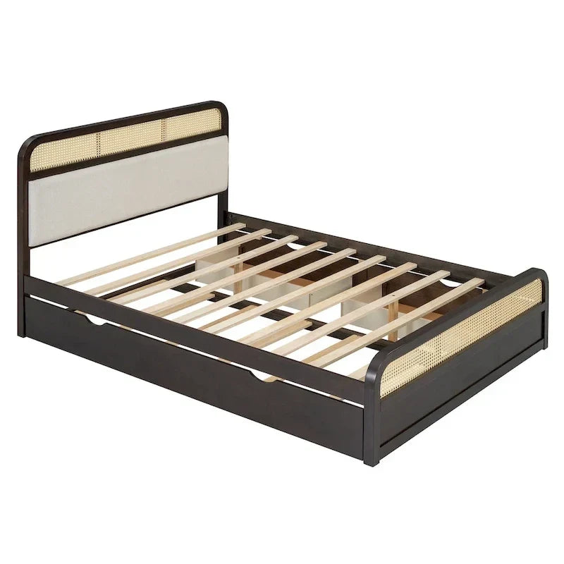 Lit plateforme en bois rotin bohème Queen avec tête de lit en bois, lit gigogne et 2 tiroirs de rangement