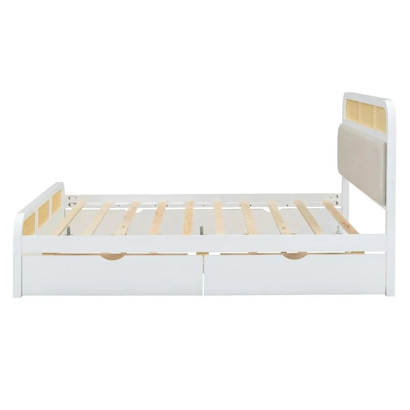Lit plateforme en bois rotin bohème Queen avec tête de lit en bois, lit gigogne et 2 tiroirs de rangement