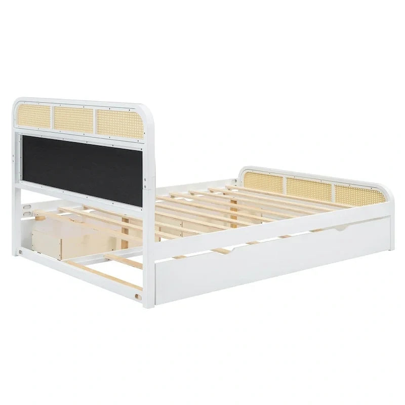 Lit plateforme en bois rotin bohème Queen avec tête de lit en bois, lit gigogne et 2 tiroirs de rangement