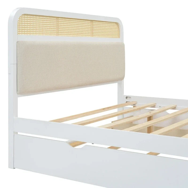 Lit plateforme en bois rotin bohème Queen avec tête de lit en bois, lit gigogne et 2 tiroirs de rangement