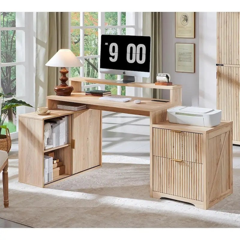 Bureau d'angle moderne en L de 67 pouces, bureau d'ordinateur de maison en bois avec station de charge