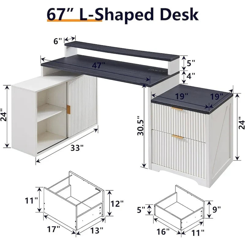 Bureau d'angle moderne en L de 67 pouces, bureau d'ordinateur de maison en bois avec station de charge