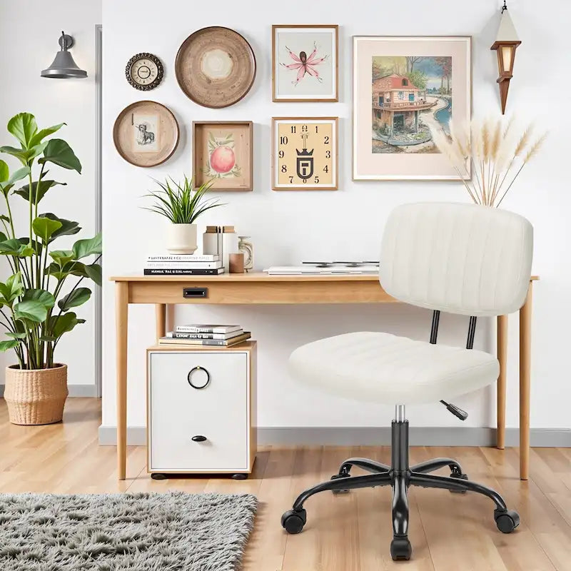 Petite chaise de bureau sans accoudoirs avec roulettes et soutien lombaire bas, fauteuil de coiffeuse roulant et pivotant en similicuir confortable et mignon