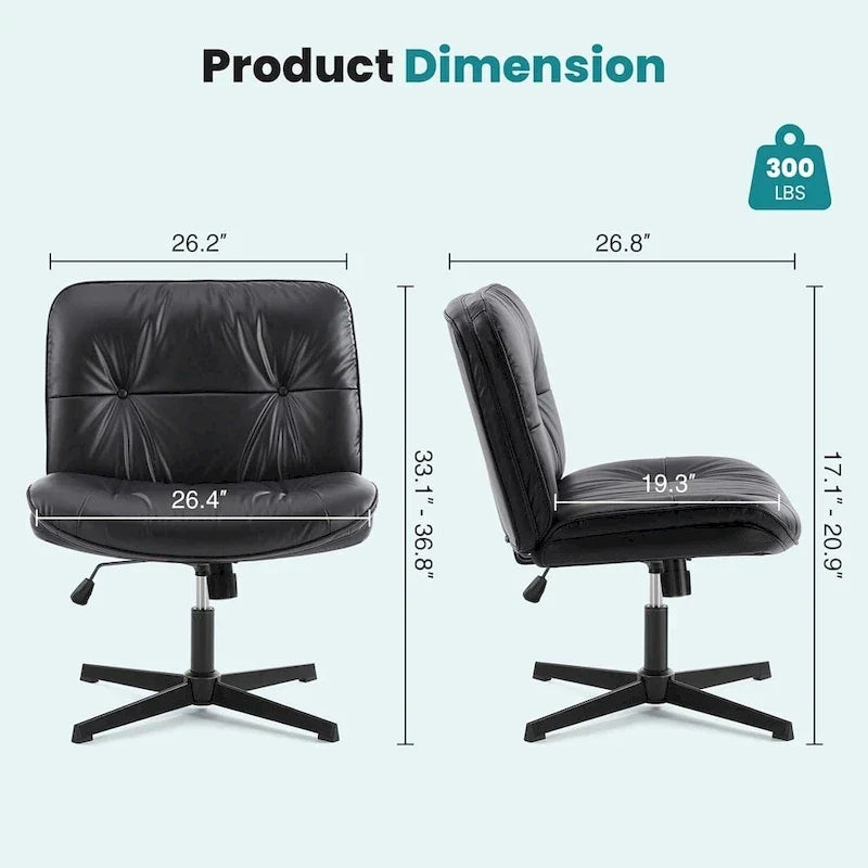 Chaise sans roulettes à pieds croisés, sans accoudoirs, assise large, hauteur réglable, pivotante, en cuir PU épais et rembourré, confortable pour la maison et le bureau