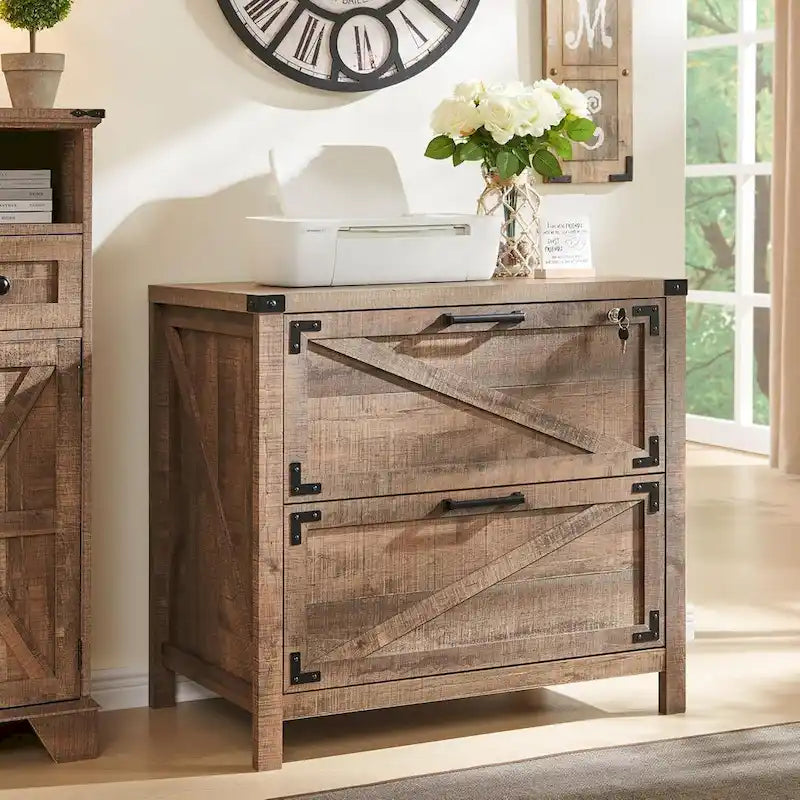 Farmhouse 2 Drawer File Cabinet, Lateral Filing Cabinet with Lock