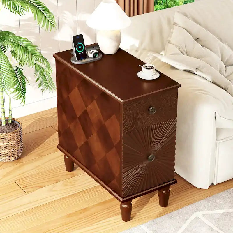 Table d'appoint de canapé moderne à 2 tiroirs, table d'appoint étroite en bois massif, table de chevet mince pour salon, chambre à coucher
