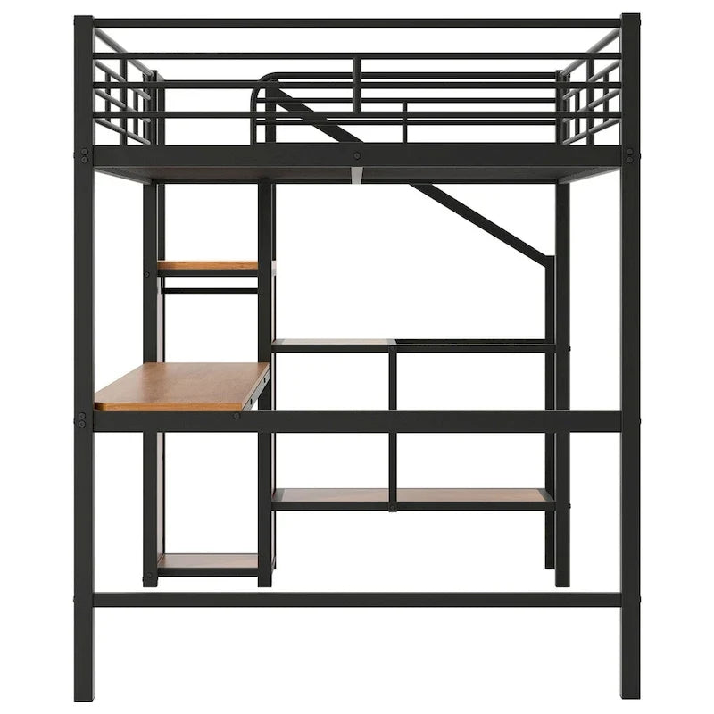 Lit mezzanine pleine grandeur avec bureau, escalier de rangement, petite armoire, lumière LED