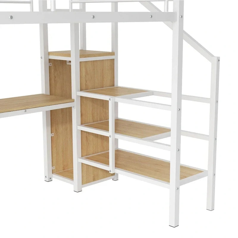 Lit mezzanine pleine grandeur avec bureau, escalier de rangement, petite armoire, lumière LED