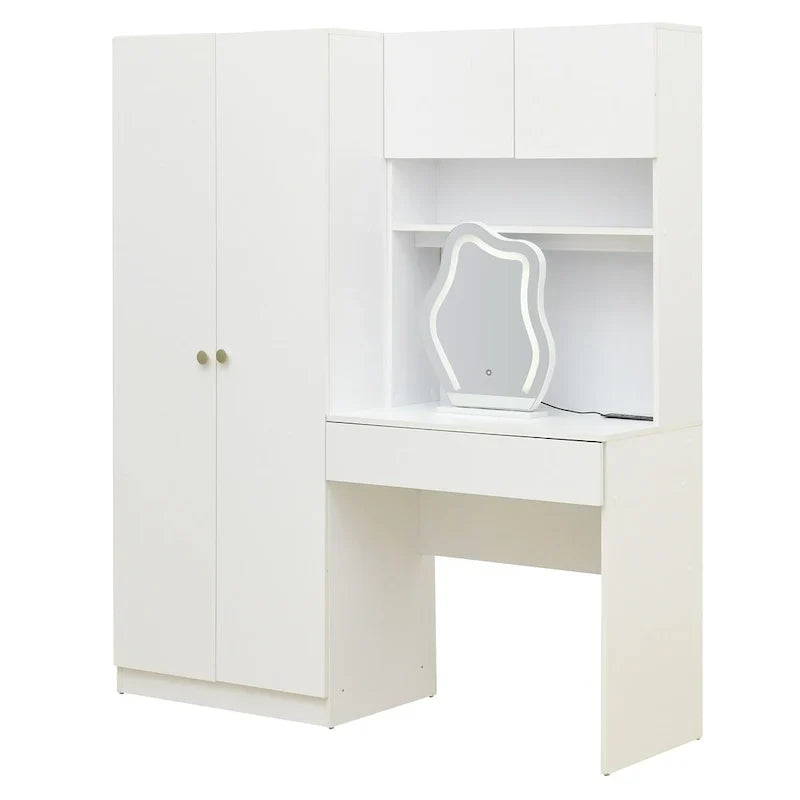 Penderie 4-en-1 avec coiffeuse, armoire de chambre avec miroir éclairé, armoire à deux portes