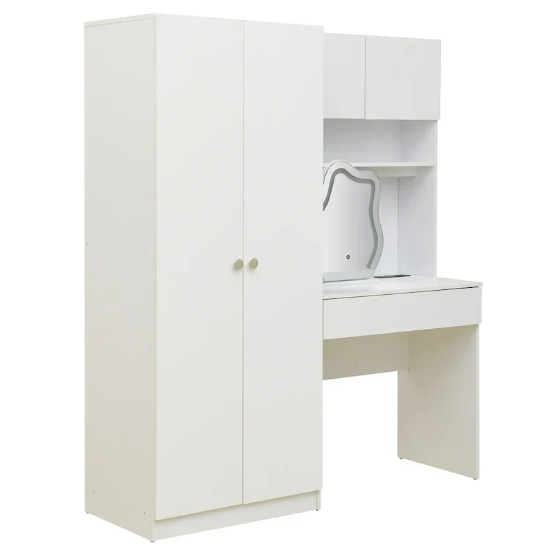 Penderie 4-en-1 avec coiffeuse, armoire de chambre avec miroir éclairé, armoire à deux portes