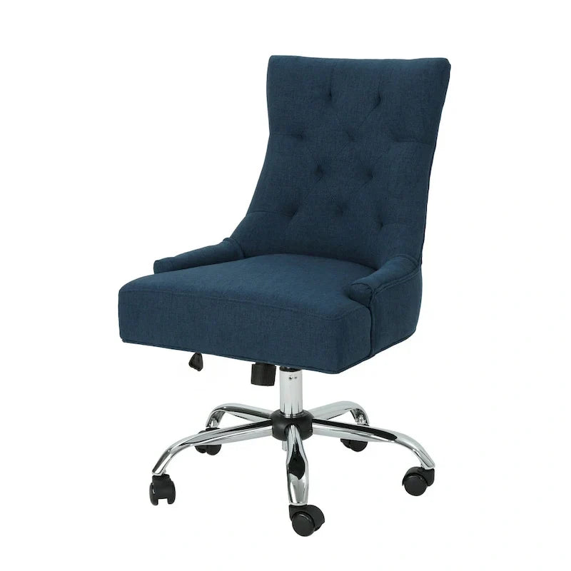 Chaise de bureau pivotante Ovi, tissu bleu marine, dossier capitonné, roulettes