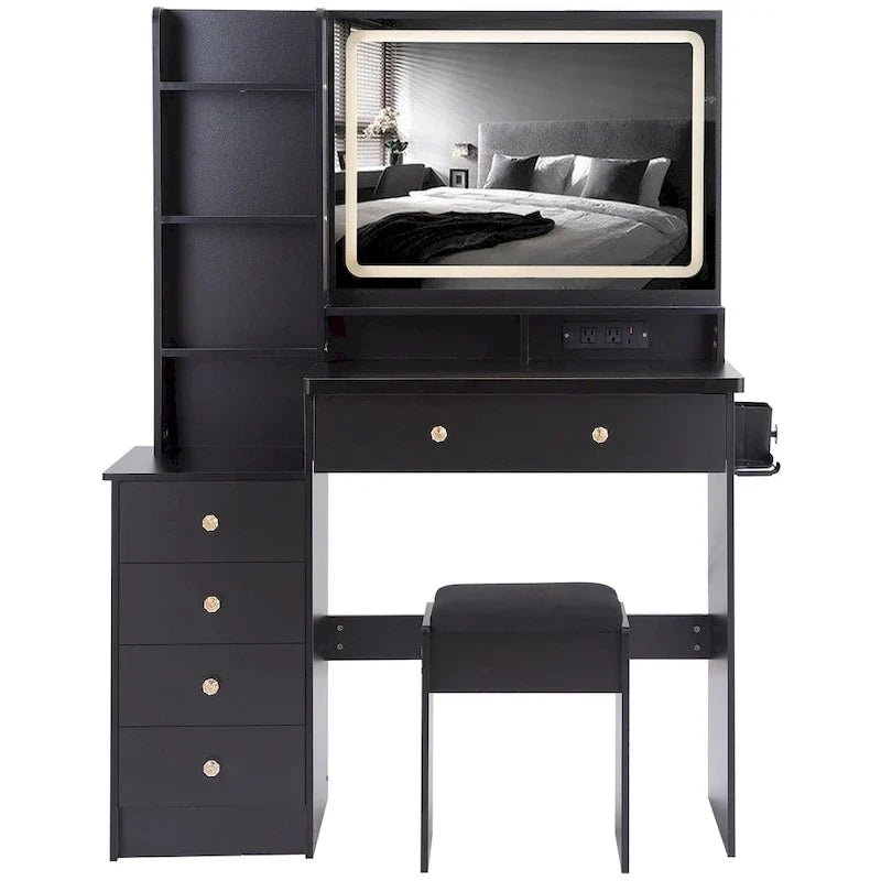 Coiffeuse avec miroir LED tactile, table de maquillage avec support pour sèche-cheveux, ensemble coiffeuse avec tabouret rembourré