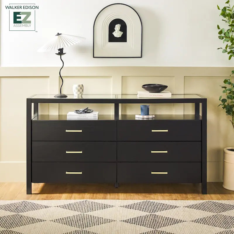 Commode en bois massif Walker Edison avec plateau en verre trempé