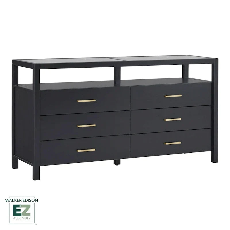 Commode en bois massif Walker Edison avec plateau en verre trempé
