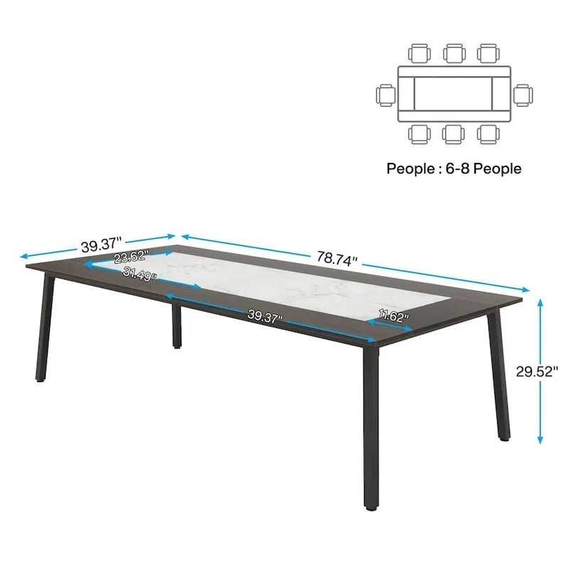 Table de conférence de 2 m (6,56 pi) pour 8 personnes, grande table de réunion de bureau avec cadre en métal - 100 P x 200 L x 75 H cm