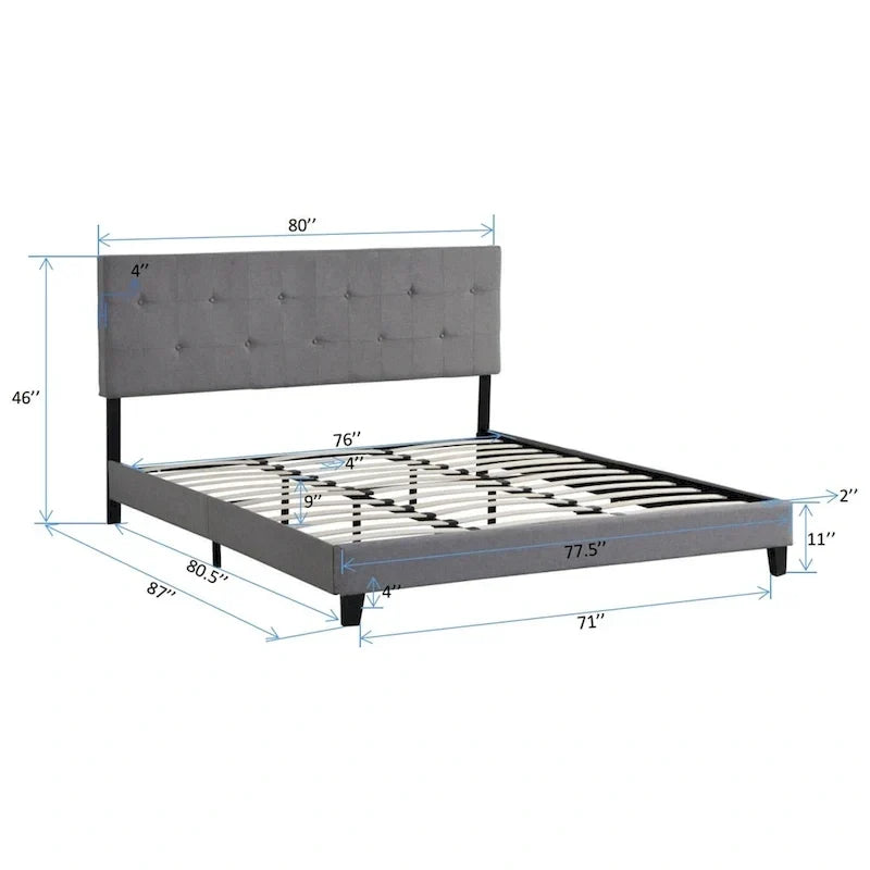 Lit plateforme King capitonné avec tête de lit en lin touffeté de boutons