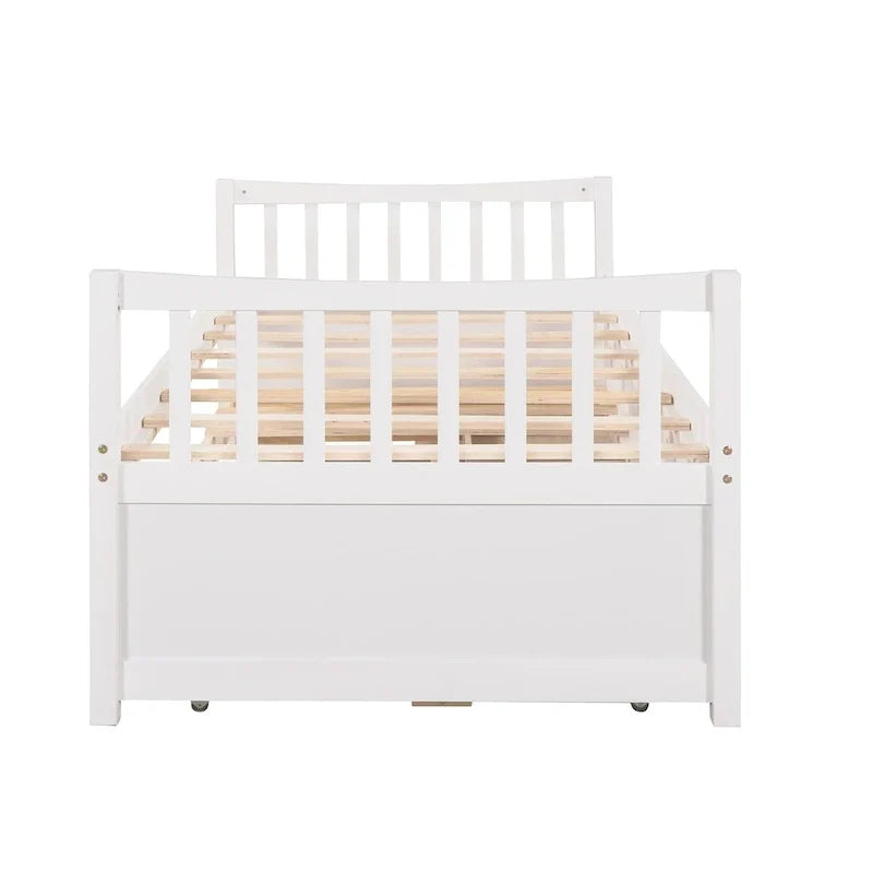Lit de repos double en bois avec lit gigogne, tiroirs et tête de lit