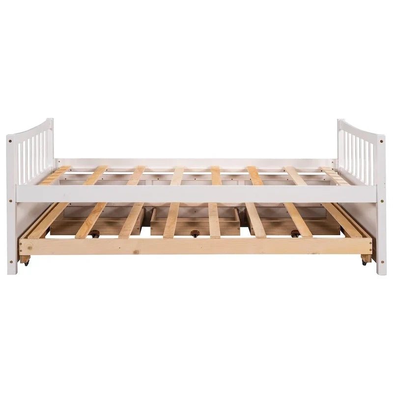 Lit de repos double en bois avec lit gigogne, tiroirs et tête de lit
