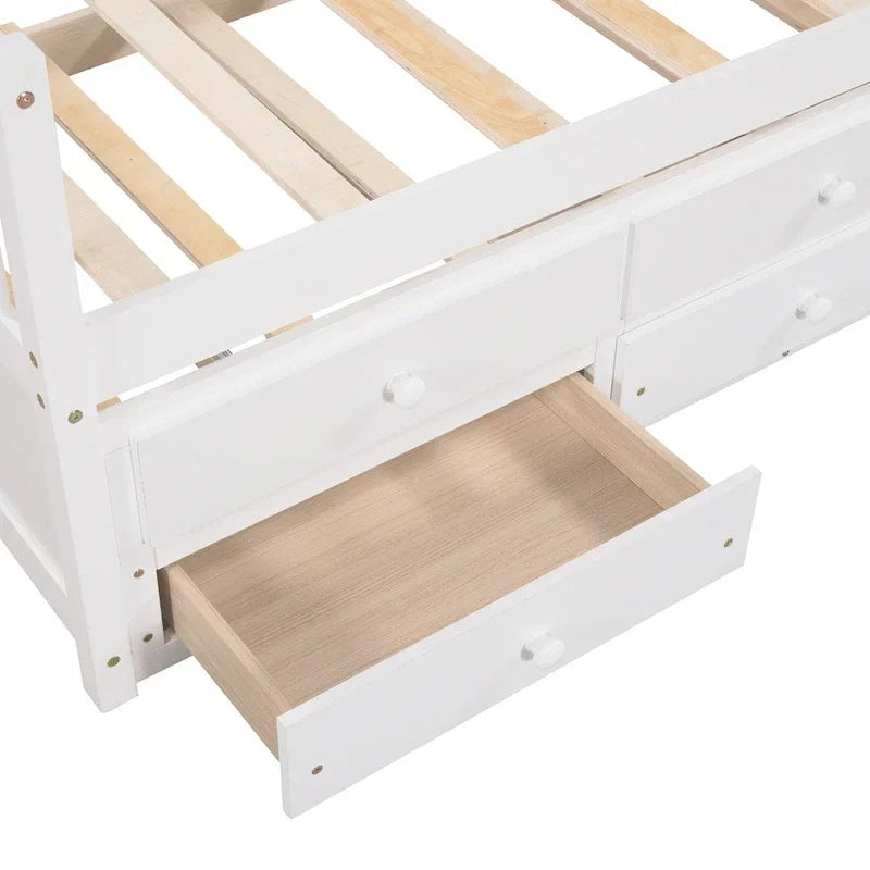 Lit de repos double en bois avec lit gigogne, tiroirs et tête de lit