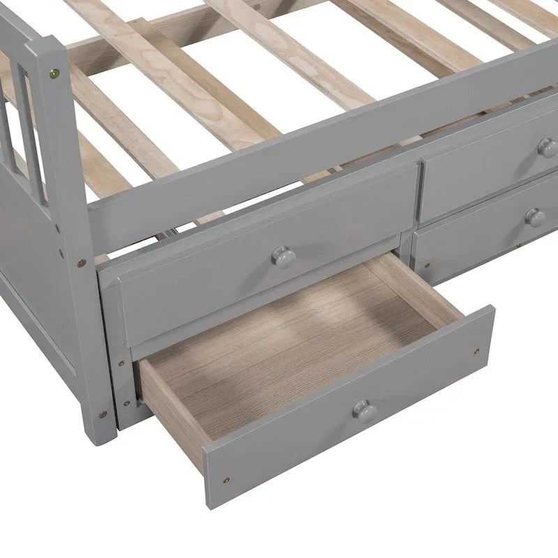 Lit de repos double en bois avec lit gigogne, tiroirs et tête de lit