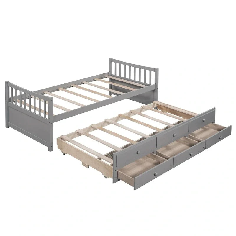 Lit de repos double en bois avec lit gigogne, tiroirs et tête de lit