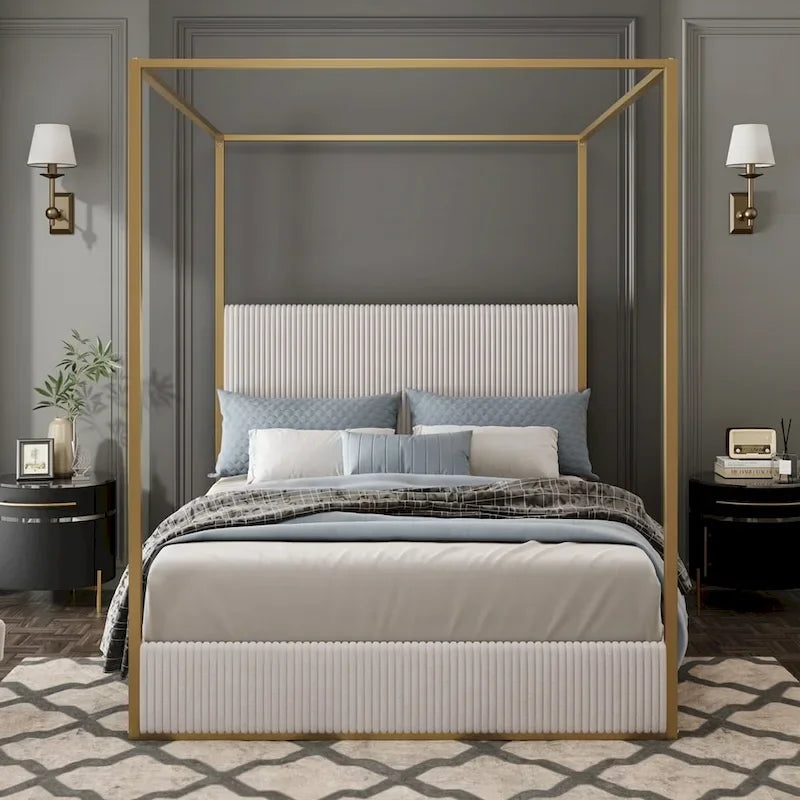 Lit à baldaquin moderne en métal de luxe avec tête de lit capitonnée haute