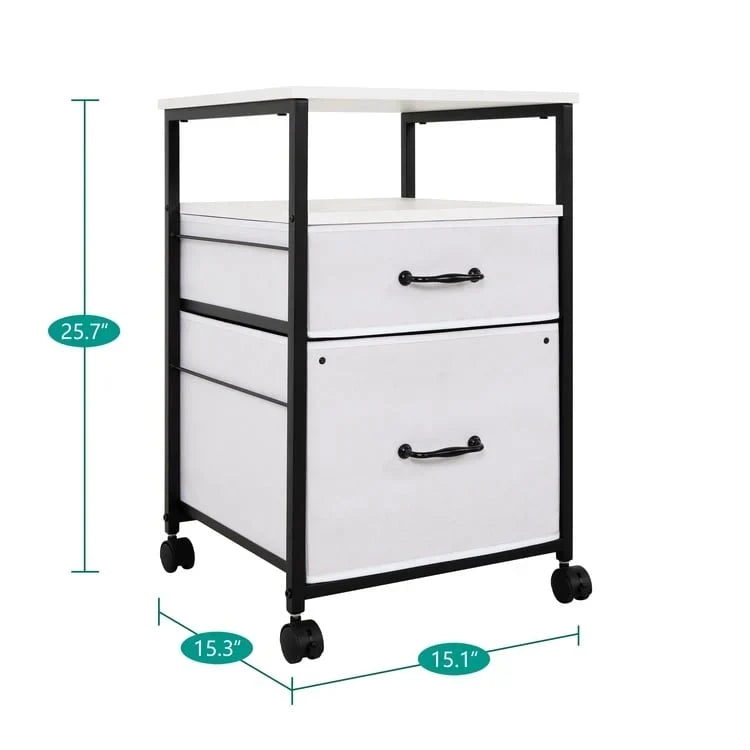 Meuble de classement mobile à 2 tiroirs avec support d'imprimante roulant avec étagère de rangement ouverte, armoire de classement verticale en tissu