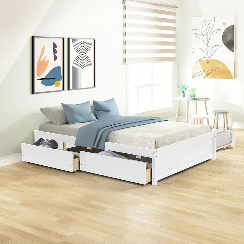 Lit double avec lit gigogne simple et deux tiroirs