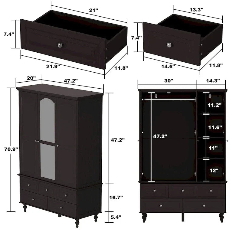Garde-robe/Armoire/Placard familial de 70,9H avec portes miroir laque blanche