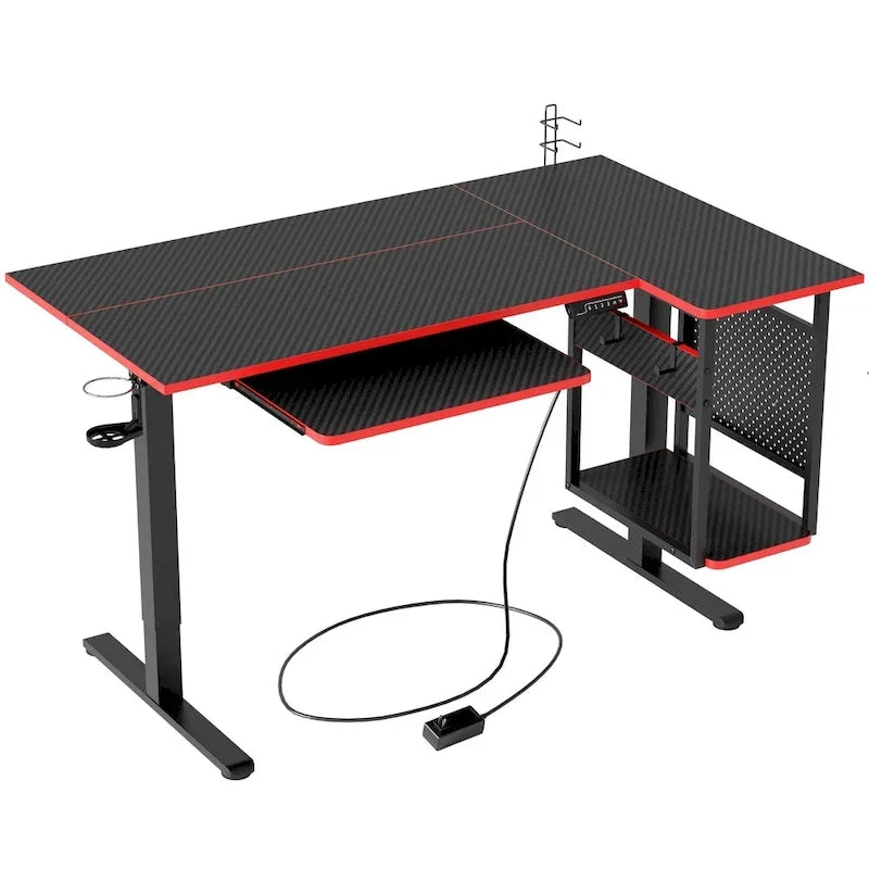 Bureau électrique assis-debout en forme de L de 57 pouces à hauteur réglable avec plateau de clavier et étagère hôte