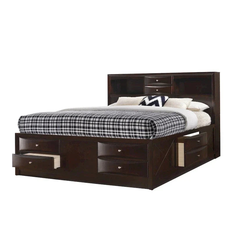 Ensemble de chambre à coucher Priscella 6 pièces en merisier foncé avec plateforme de rangement