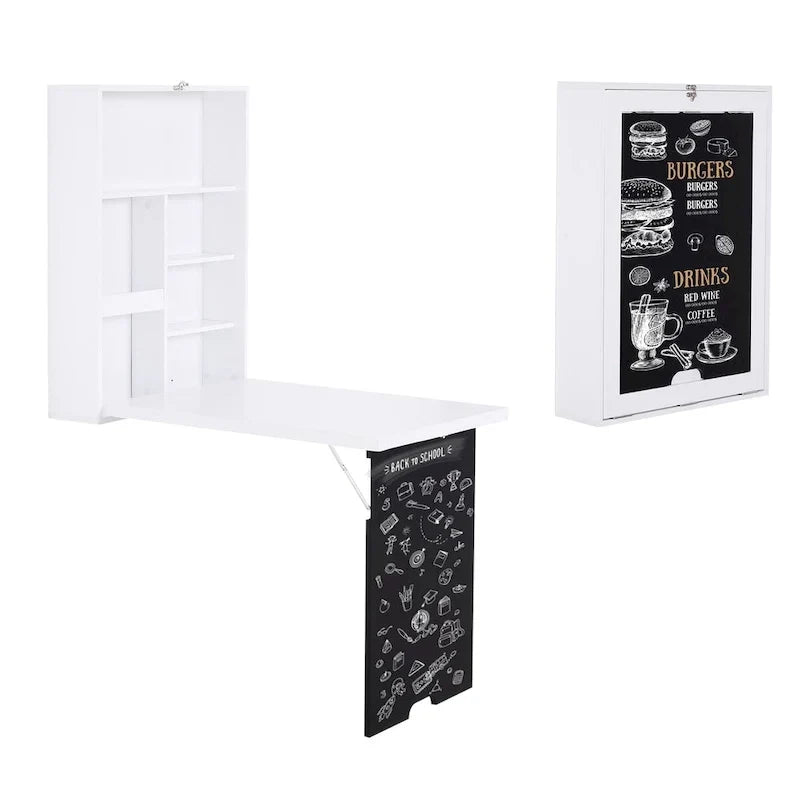 HOMCOM Bureau mural pliable : Tableau noir, rangements pour livres - Gain de place