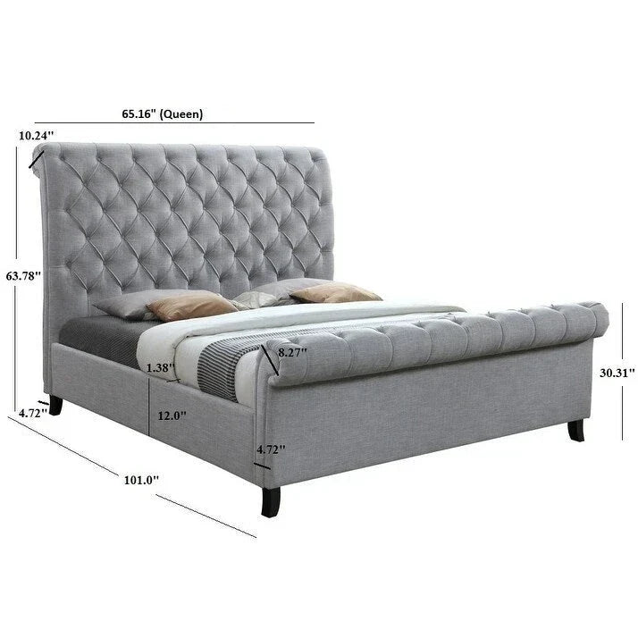Lit plateforme traîneau capitonné en tissu gris Pietro
