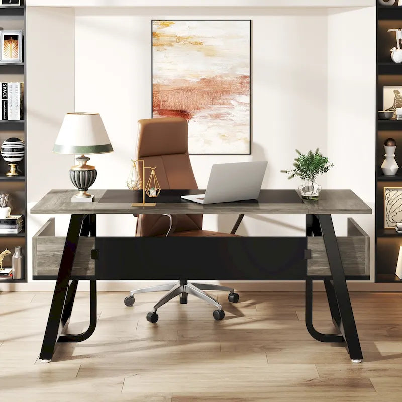 Grand bureau de direction de 160 cm avec étagère de rangement pour bureau à domicile, marron rustique et noir