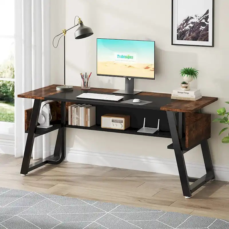 Grand bureau de direction de 160 cm avec étagère de rangement pour bureau à domicile, marron rustique et noir