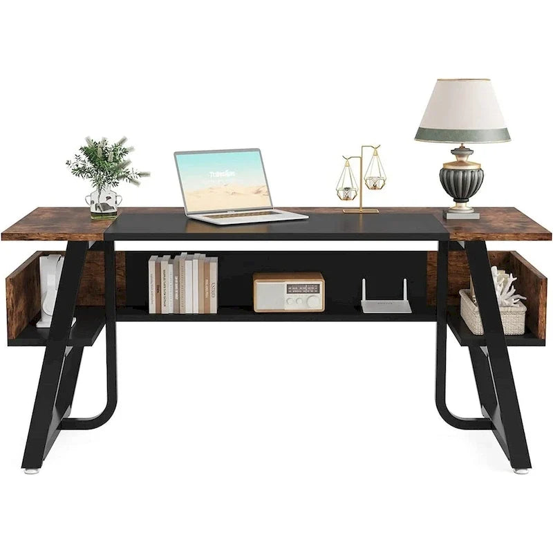 Grand bureau de direction de 160 cm avec étagère de rangement pour bureau à domicile, marron rustique et noir