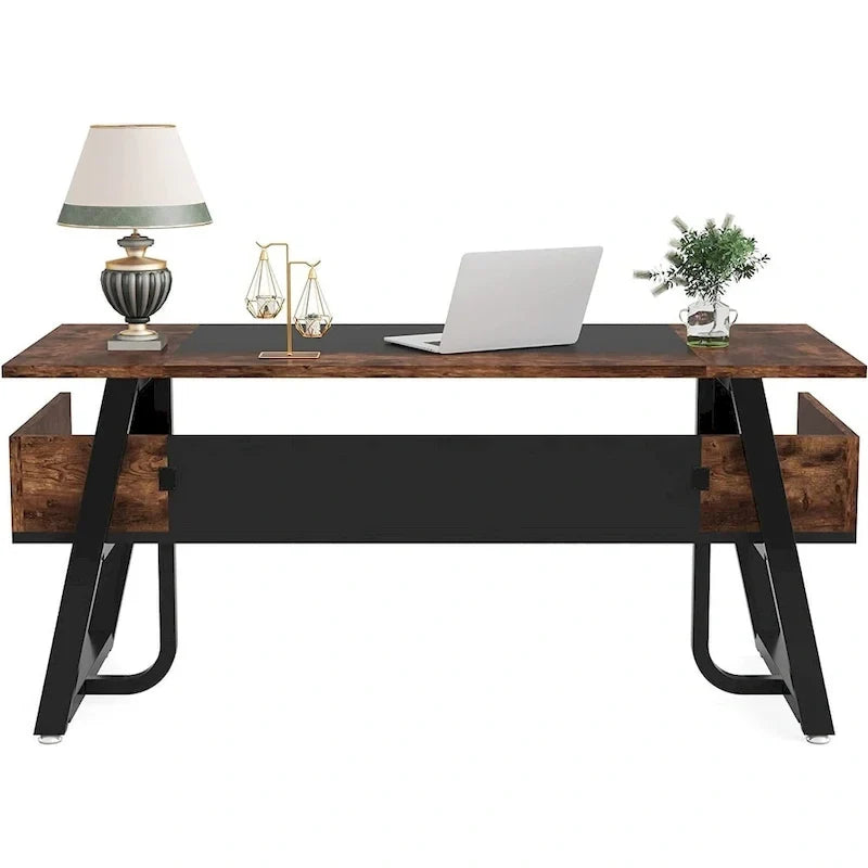 Grand bureau de direction de 160 cm avec étagère de rangement pour bureau à domicile, marron rustique et noir