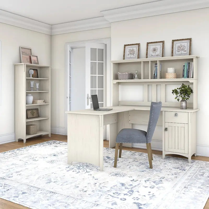 Bureau d'angle Salinas 60W avec huche et bibliothèque 5 étagères, blanc