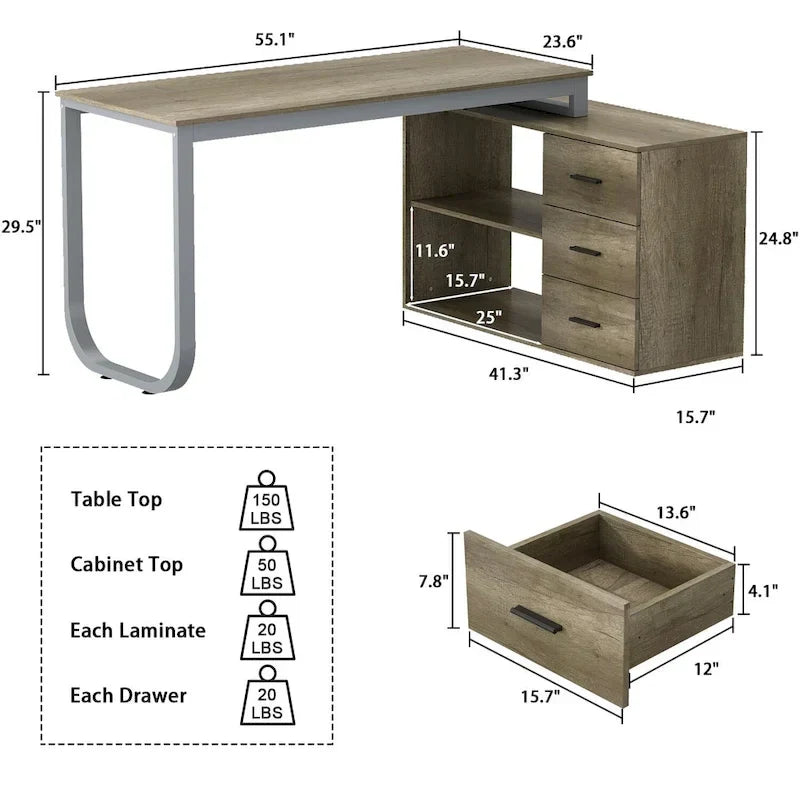 Bureau d'ordinateur de rangement en L Timechee de 55 pouces