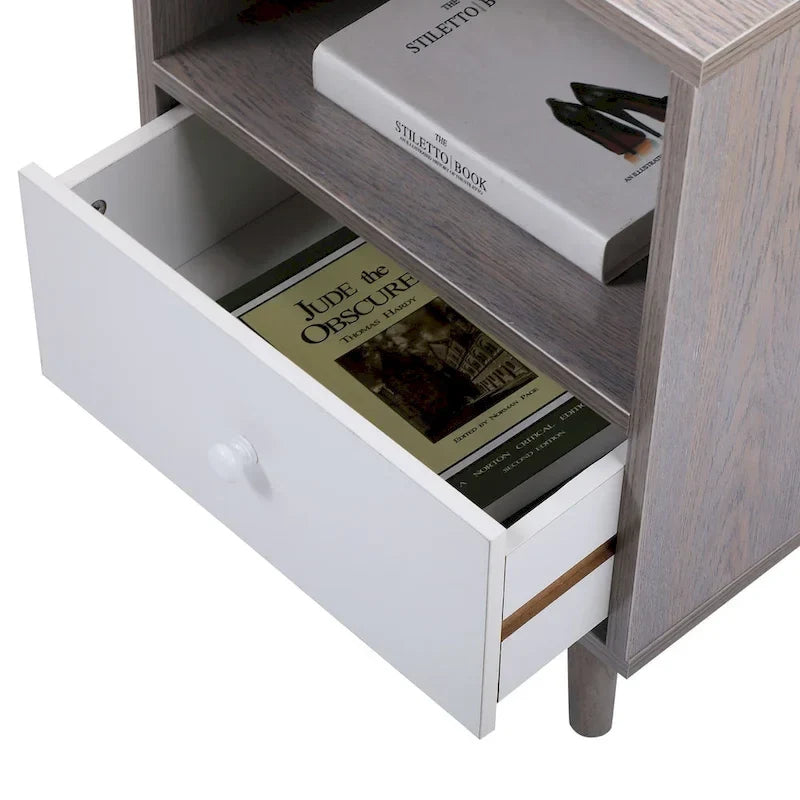 Table de chevet en bois avec tiroir et compartiment de rangement ouvert, lot de 2, Gris