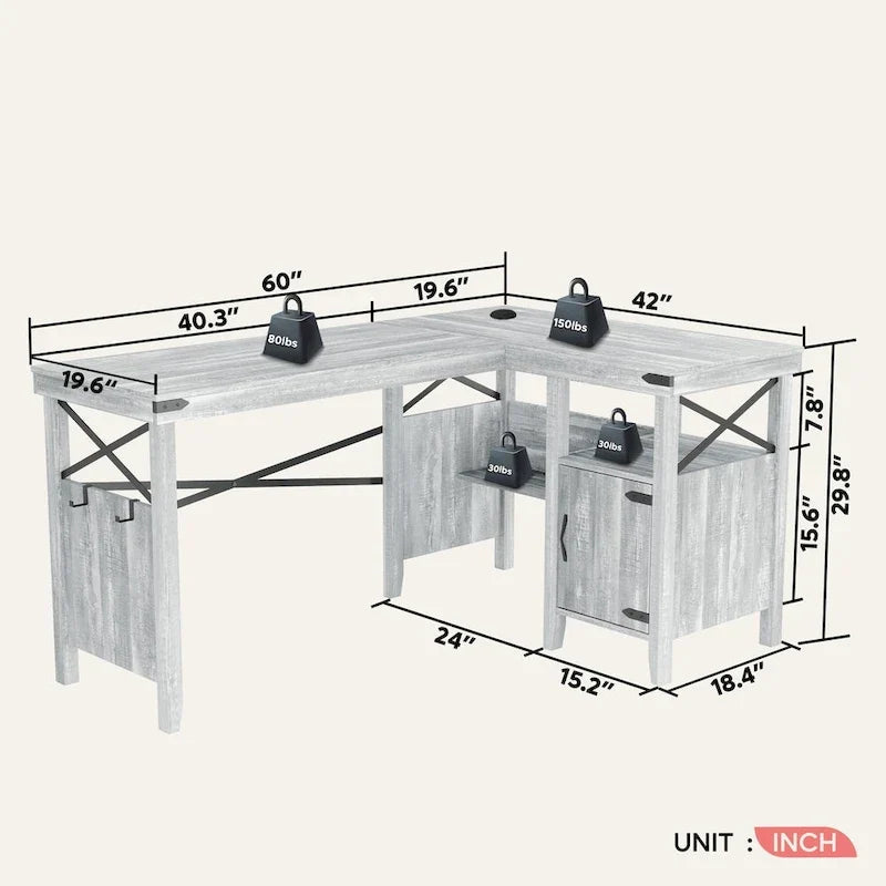 Bureau d'ordinateur en L pour bureau à domicile de style ferme avec armoire de rangement